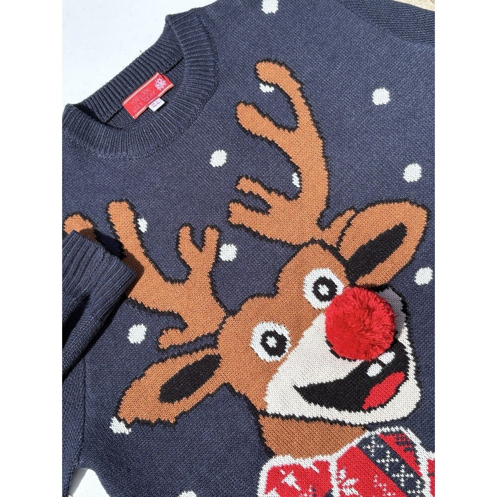 Ugly Christmas Sweater Mens Lg Blue Reindeer Holiday Festive Pullover Crew Neck